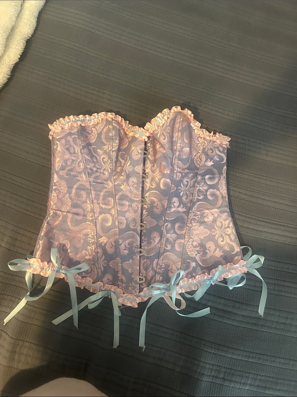 Costume corset Pink Brocade Strapless Corset Top with Ribbon Trim
